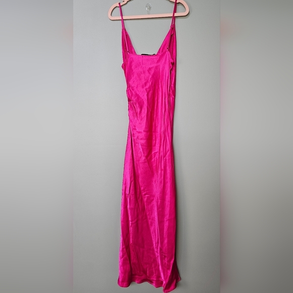 Zara Women's Hot Pink Fuchsia Satin Surplice Neckline Ruched Wrap Midi Dress, XS - Picture 8 of 12